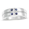 Thumbnail Image 0 of Men's Lab-Created Blue Sapphire Quad Cross-Groove Ring in Sterling Silver