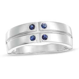 Men's Lab-Created Blue Sapphire Quad Cross-Groove Ring in Sterling Silver