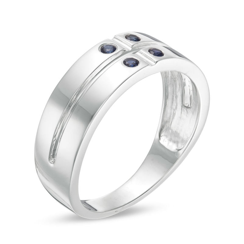Men's Lab-Created Blue Sapphire Quad Cross-Groove Ring in Sterling Silver