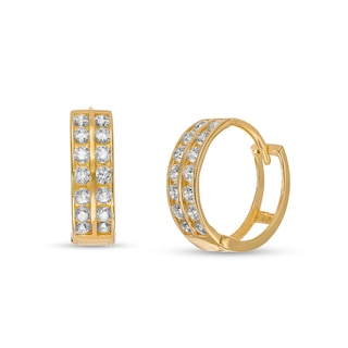 Cubic Zirconia Double Row Huggie Hoop Earrings in 14K Gold