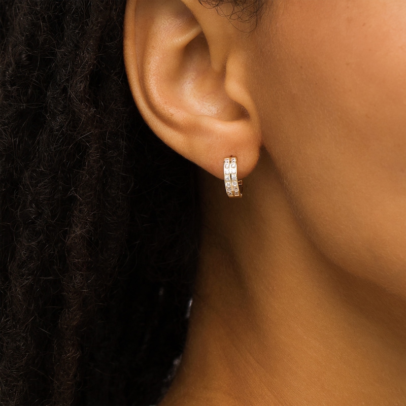 Cubic Zirconia Double Row Huggie Hoop Earrings in 14K Gold|Peoples Jewellers