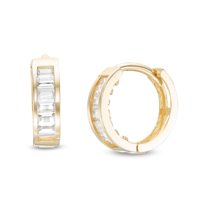 Baguette Cubic Zirconia Huggie Hoop Earrings in 14K Gold