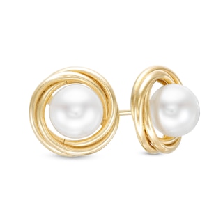 6.0mm Freshwater Cultured Pearl Love Knot Stud Earrings in 14K Gold