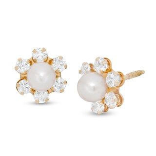 Child's 3.75-4.0mm Freshwater Cultured Pearl and Cubic Zirconia Flower Frame Stud Earrings in 14K Gold