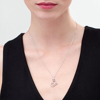 Vera Wang Love Collection 0.115 CT. T.W. Diamond Tilted Double Heart Outline Pendant in Sterling Silver - 19"