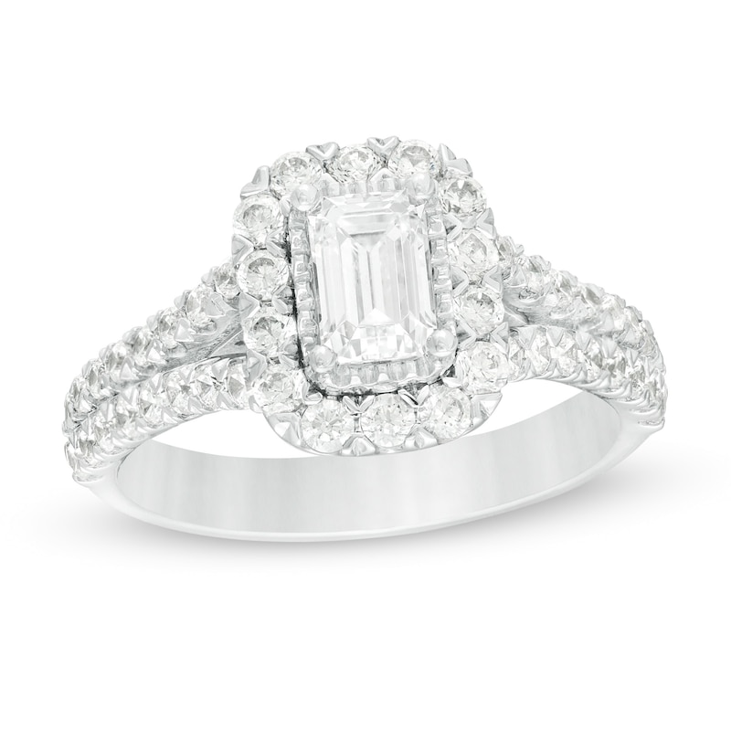 1.75 CT. T.W. Emerald-Cut Certified Lab-Created Diamond Frame Split Shank Engagement Ring in 14K White Gold (F/SI2)|Peoples Jewellers