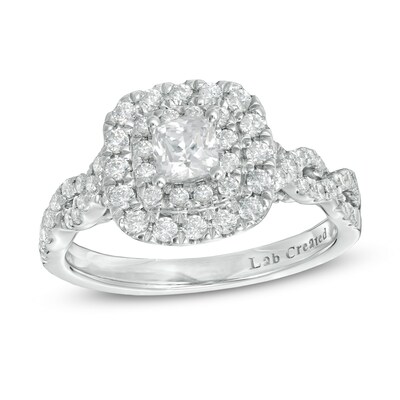 1.00 CT. T.W. Certified Cushion-Cut Lab-Created Diamond Frame Twist Shank Engagement Ring in 14K White Gold (F/SI2)