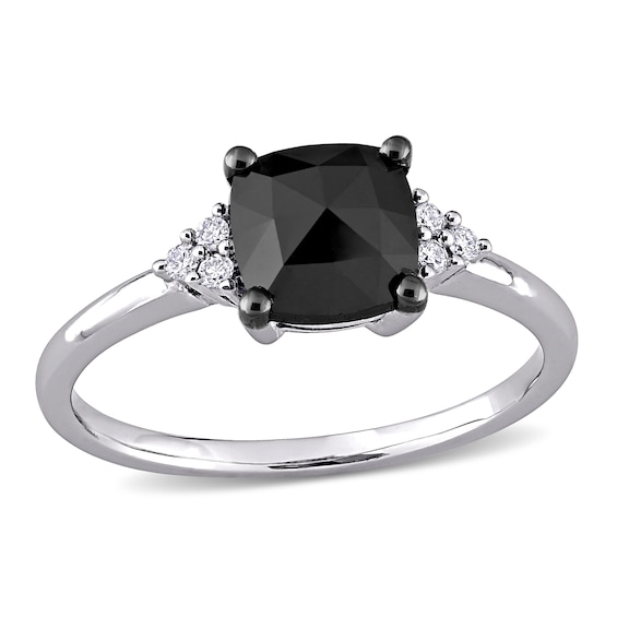 1.31 CT. T.W. Enhanced Black and White Cushion-Cut Diamond Tri-Sides Engagement Ring in 14K White Gold