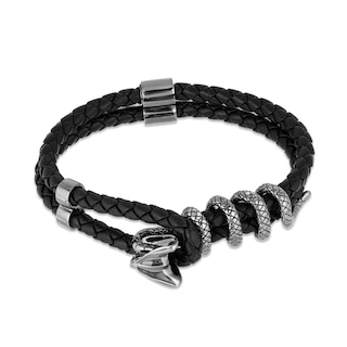 Enchanted Disney Men's Cobra Black Leather Bracelet in Sterling Silver - 8.5"