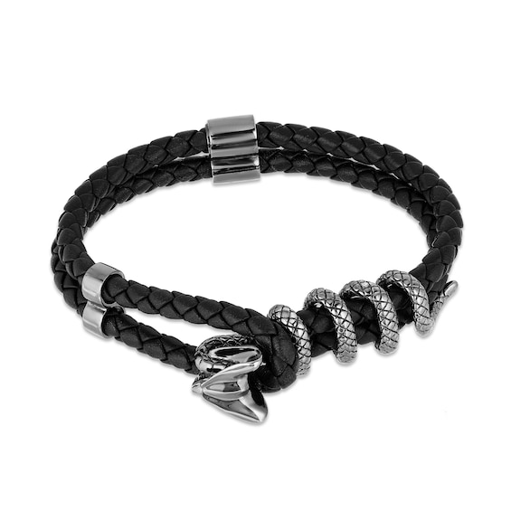 Enchanted Disney Men's Cobra Black Leather Bracelet in Sterling Silver - 8.5"