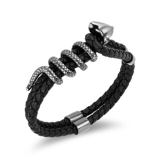 Enchanted Disney Men's Cobra Black Leather Bracelet in Sterling Silver - 8.5"