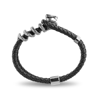 Enchanted Disney Men's Cobra Black Leather Bracelet in Sterling Silver - 8.5"