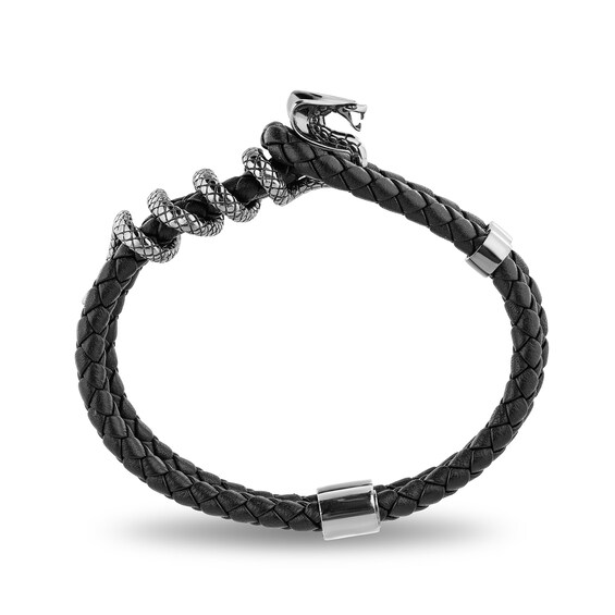 Enchanted Disney Men's Cobra Black Leather Bracelet in Sterling Silver - 8.5"