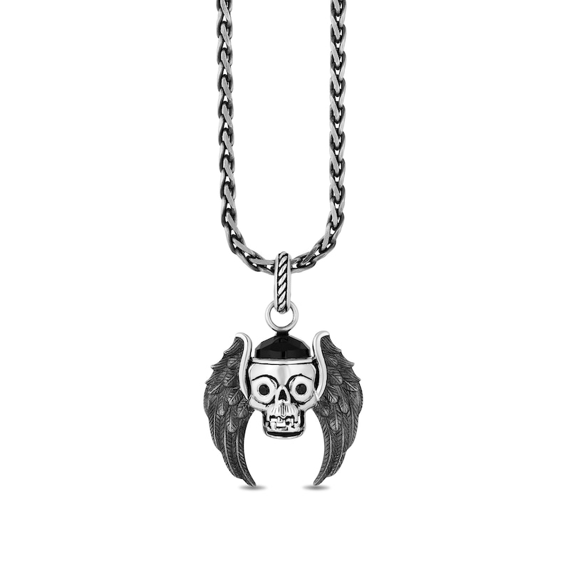 Enchanted Disney Men's Onyx and 0.065 CT. T.W. Enhanced Black Diamond Skull with Wings Pendant in Sterling Silver - 22"