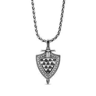 Enchanted Disney Men's 0.065 CT. Enhanced Black Diamond Oxidized Sword and Shield Pendant in Sterling Silver - 22"