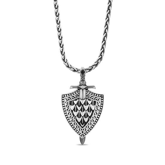 Enchanted Disney Men's 0.065 CT. Enhanced Black Diamond Oxidized Sword and Shield Pendant in Sterling Silver - 22"