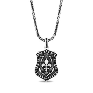 Enchanted Disney Men's 0.065 CT. T.W. Enhanced Black Diamond Fluer-de-Lis Shield Pendant in Sterling Silver - 22"