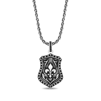 Enchanted Disney Men's 0.065 CT. T.W. Enhanced Black Diamond Fluer-de-Lis Shield Pendant in Sterling Silver - 22"