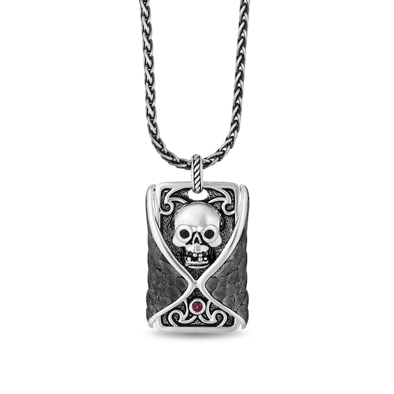 Enchanted Disney Men's Ruby and 0.115 CT. T.W. Enhanced Black Diamond Skull Dog Tag Pendant in Sterling Silver - 22"