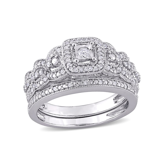 0.32 CT. T.W. Diamond Cushion Frame Scallop Edge Vintage-Style Bridal Set in Sterling Silver