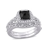 1.10 CT. T.W. Cushion-Cut Enhanced Black and White Diamond Frame Vintage-Style Bridal Set in 10K White Gold