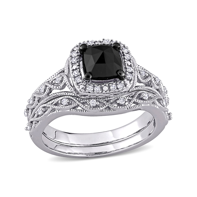 1.10 CT. T.W. Cushion-Cut Enhanced Black and White Diamond Frame Vintage-Style Bridal Set in 10K White Gold|Peoples Jewellers