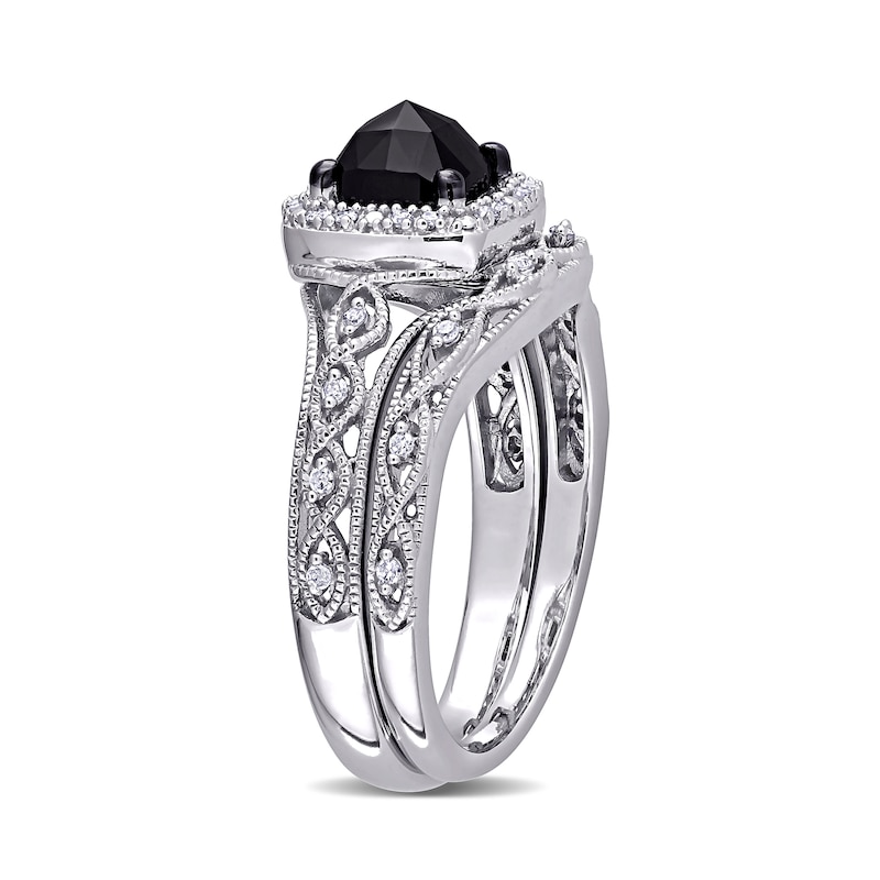 1.10 CT. T.W. Cushion-Cut Enhanced Black and White Diamond Frame Vintage-Style Bridal Set in 10K White Gold|Peoples Jewellers