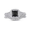 1.10 CT. T.W. Cushion-Cut Enhanced Black and White Diamond Frame Vintage-Style Bridal Set in 10K White Gold