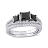 1.60 CT. T.W. Enhanced Black and White Princess-Cut Diamond Three Stone Bridal Set in 10K White Gold