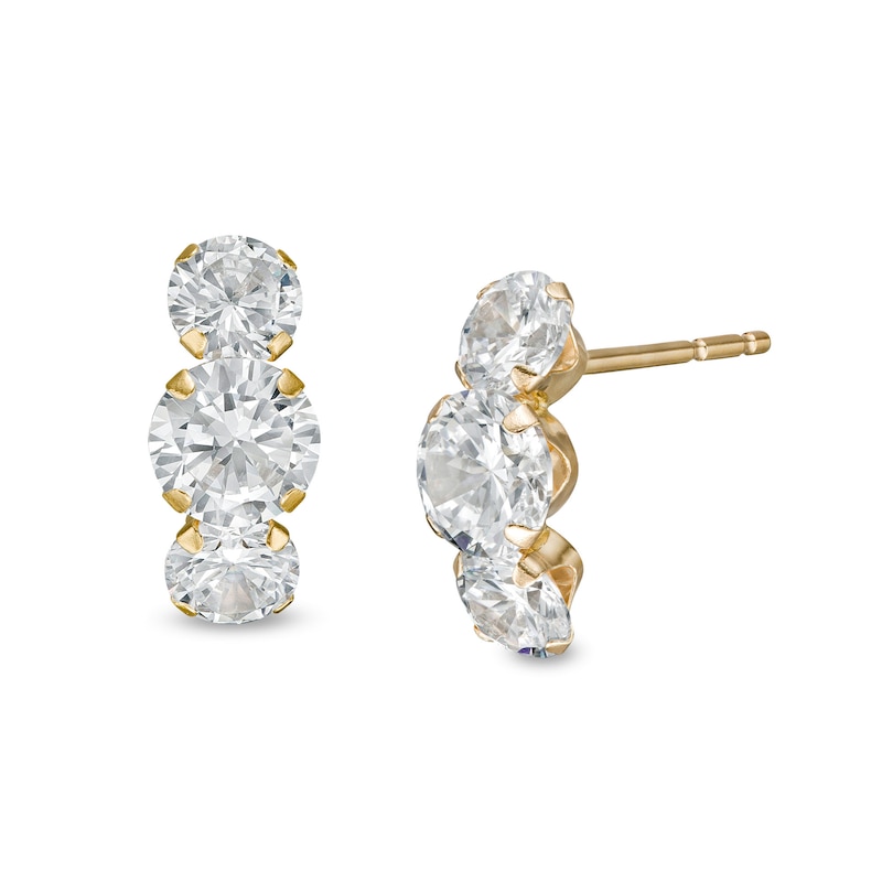Cubic Zirconia Three Stone Curved Drop Earrings in 14K Gold