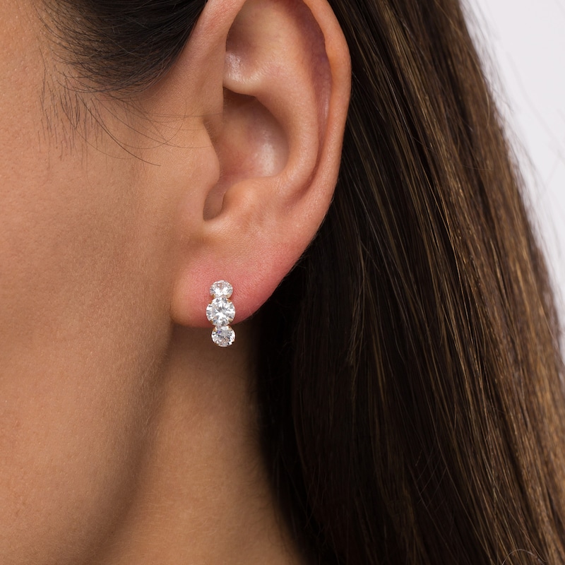 Cubic Zirconia Three Stone Curved Drop Earrings in 14K Gold|Peoples Jewellers