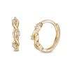 Thumbnail Image 0 of Cubic Zirconia Three Stone Twisted Loose Braid Huggie Hoop Earrings in 14K Gold