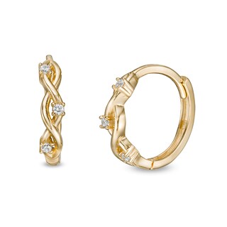 Cubic Zirconia Three Stone Twisted Loose Braid Huggie Hoop Earrings in 14K Gold