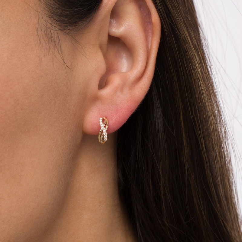 Cubic Zirconia Double Swirl Ribbon Infinity J-Hoop Earrings in 14K Gold|Peoples Jewellers
