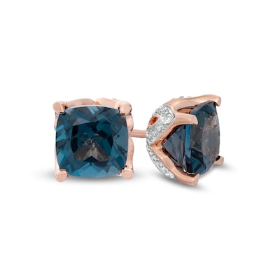 6.0mm Cushion-Cut London Blue Topaz and Diamond Accent Stud Earrings in 10K Rose Gold