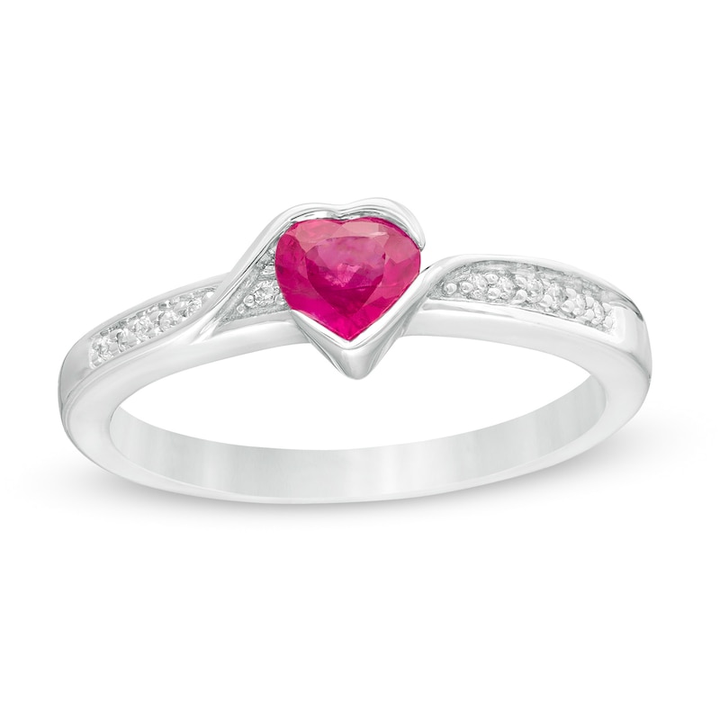 5.0mm Heart-Shaped Ruby and 0.05 CT. T.W. Diamond Bypass Frame Ring in 10K White Gold|Peoples Jewellers
