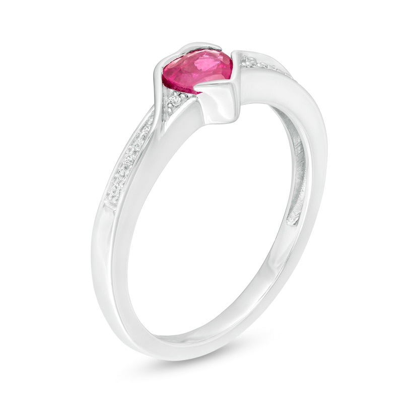 Main Image 3 of 5.0mm Heart-Shaped Ruby and 0.05 CT. T.W. Diamond Bypass Frame Ring in 10K White Gold