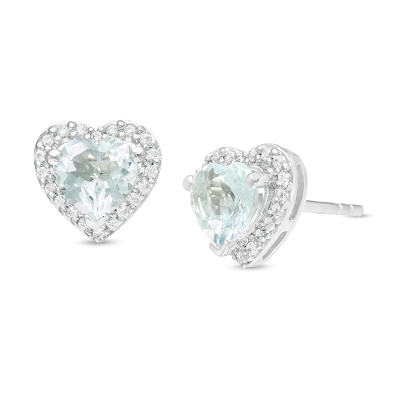 5.0mm Aquamarine and 0.12 CT. T.W. Diamond Frame Heart Stud Earrings in 10K White Gold|Peoples Jewellers