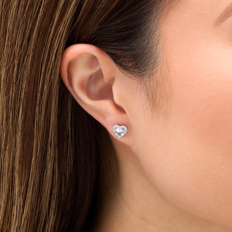 5.0mm Aquamarine and 0.12 CT. T.W. Diamond Frame Heart Stud Earrings in 10K White Gold