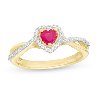 4.0mm Heart-Shaped Ruby and 0.12 CT. T.W. Diamond Split Shank Crossover Ring in 10K Gold