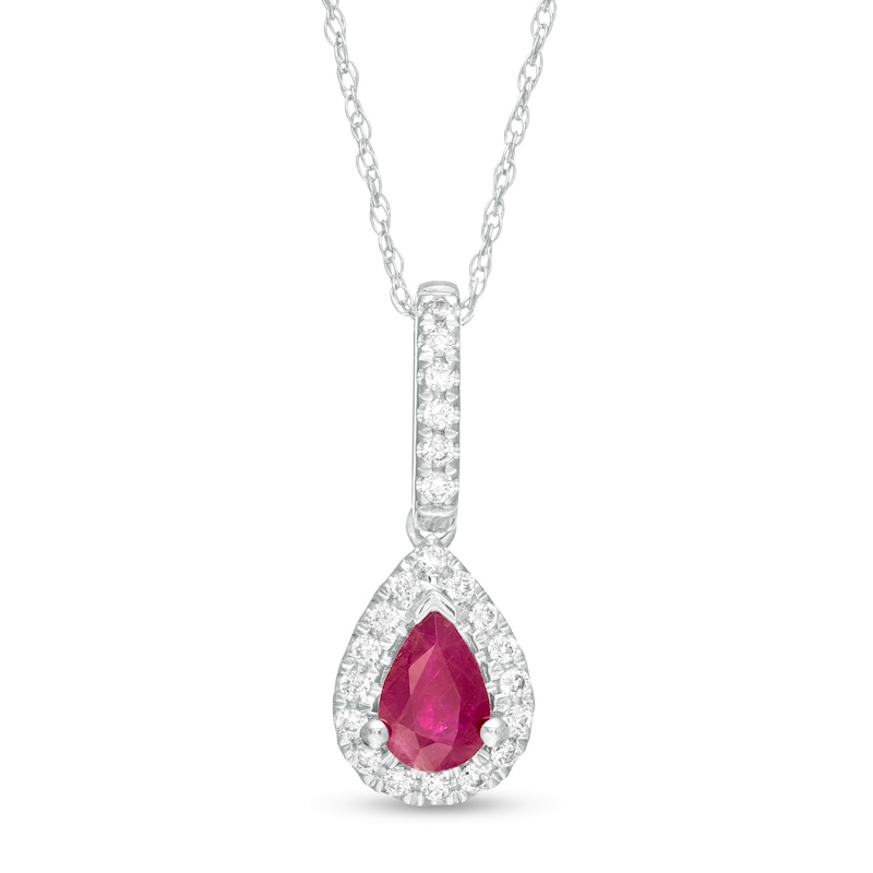 Pear-Shaped Ruby and 0.13 CT. T.W. Diamond Teardrop Pendant in 10K White Gold