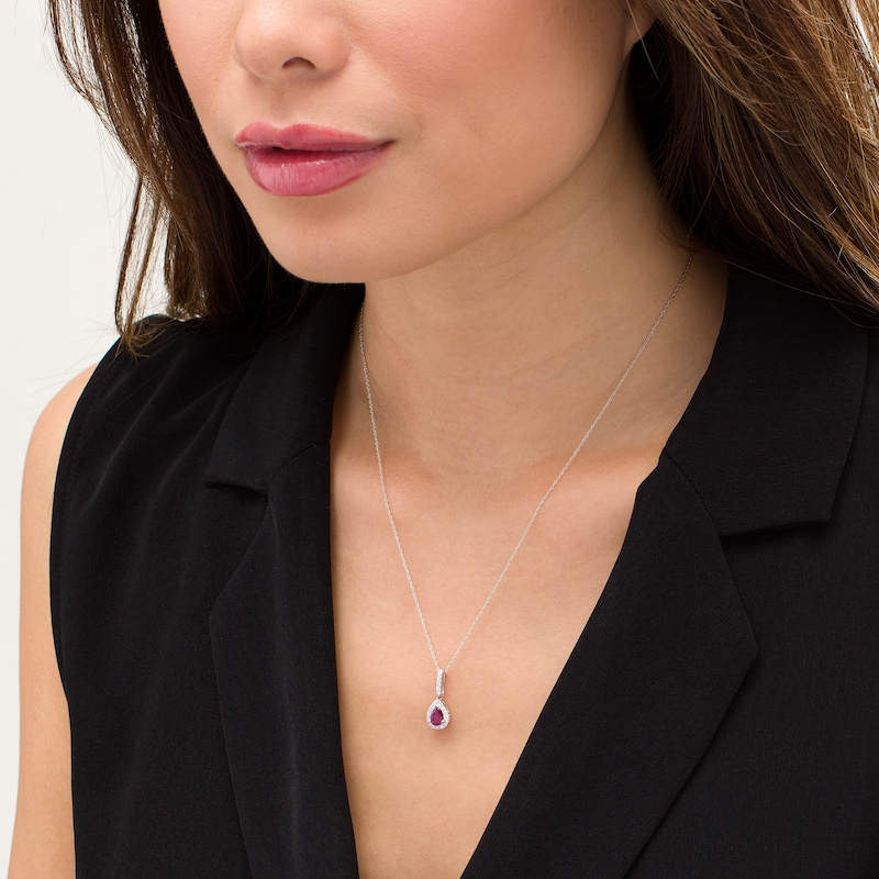 Pear-Shaped Ruby and 0.13 CT. T.W. Diamond Teardrop Pendant in 10K White Gold