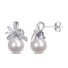 Cultured Freshwater Pearl, Marquise White Topaz and 0.15 CT. T.W. Diamond Tied Ribbon Drop Earrings in 10K White Gold