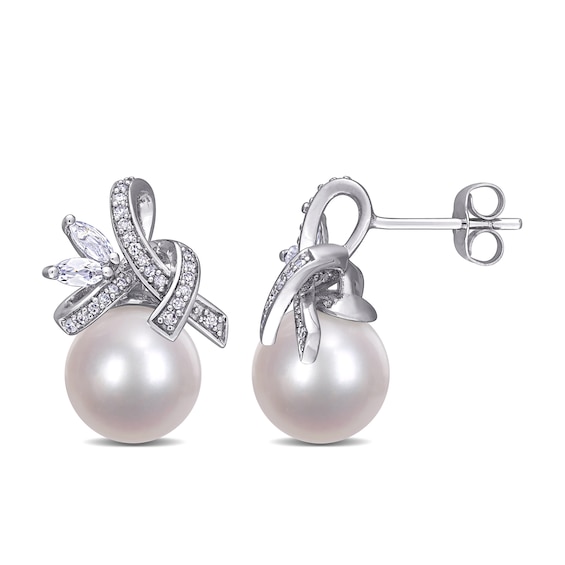 Cultured Freshwater Pearl, Marquise White Topaz and 0.15 CT. T.W. Diamond Tied Ribbon Drop Earrings in 10K White Gold