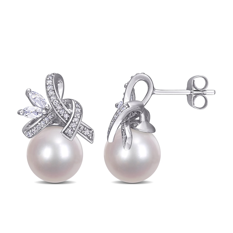 Cultured Freshwater Pearl, Marquise White Topaz and 0.15 CT. T.W. Diamond Tied Ribbon Drop Earrings in 10K White Gold|Peoples Jewellers