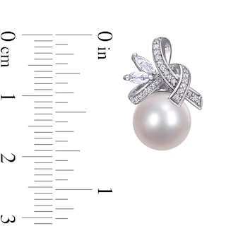 Cultured Freshwater Pearl, Marquise White Topaz and 0.15 CT. T.W. Diamond Tied Ribbon Drop Earrings in 10K White Gold