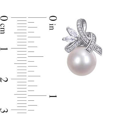 Cultured Freshwater Pearl, Marquise White Topaz and 0.15 CT. T.W. Diamond Tied Ribbon Drop Earrings in 10K White Gold