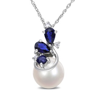 8.5-9.0mm Freshwater Cultured Pearl, Blue Sapphire and Diamond Accent Pendant in 10K White Gold-17"