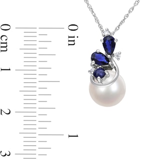 8.5-9.0mm Freshwater Cultured Pearl, Blue Sapphire and Diamond Accent Pendant in 10K White Gold-17"