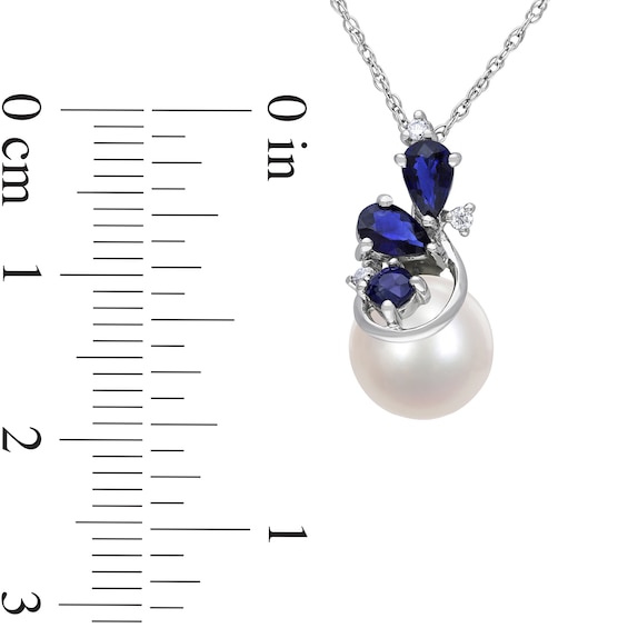 8.5-9.0mm Freshwater Cultured Pearl, Blue Sapphire and Diamond Accent Pendant in 10K White Gold-17"